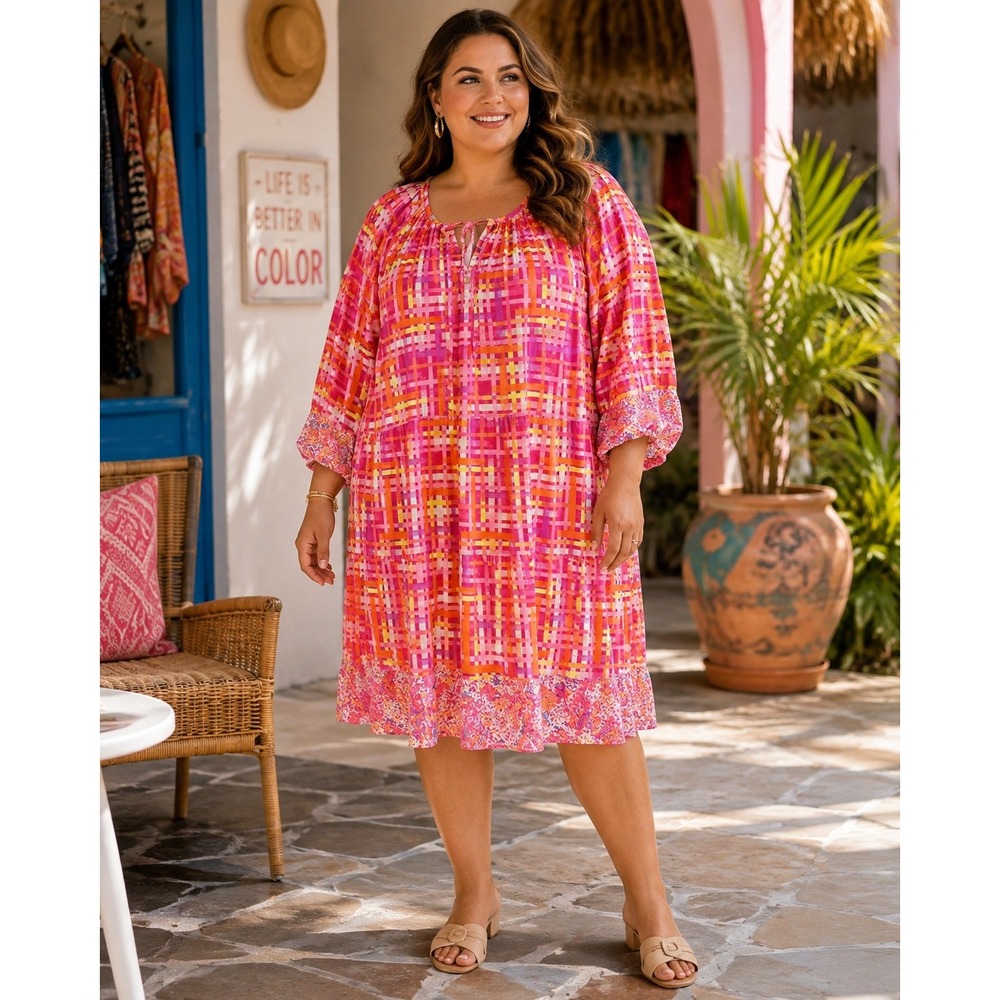 466. Isaac Mizrahi Live Pink  Abstract Geometric Tiered Midi Dress Resort 4XP